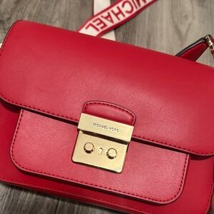 Michael Kors Red Leather Crossbody with Gold Lock